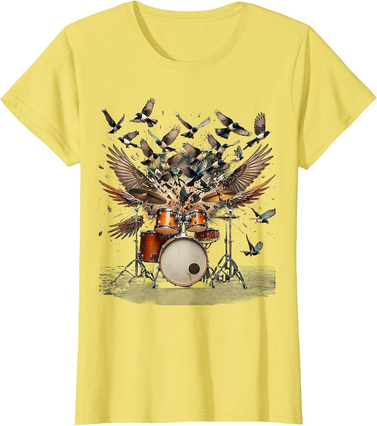 Drum Kit Exploding Into Birds Graphic T-Shirt - Lemon Yellow