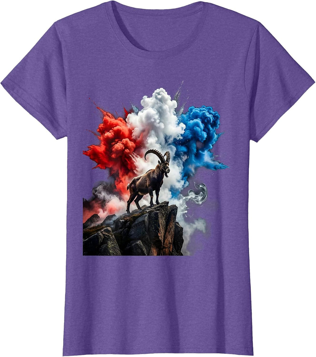 Red White and Blue Mountain Goat Rocky Cliff T-Shirt - Purple Heather