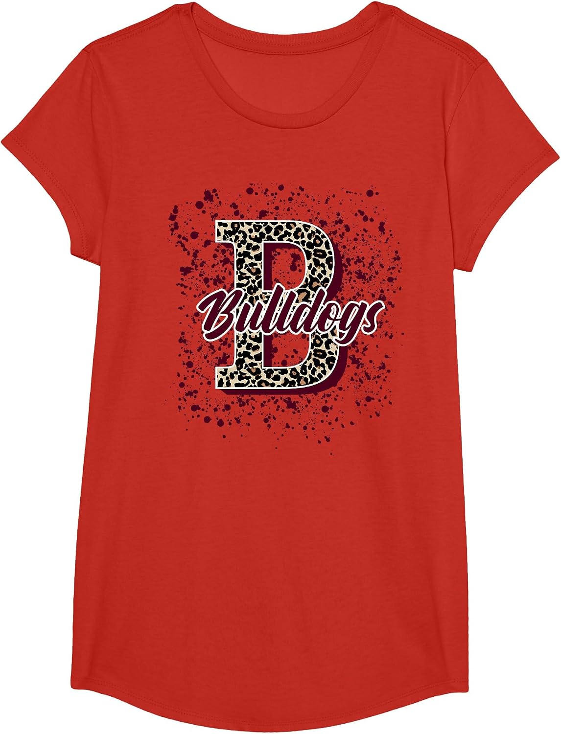 Bulldogs Splatter School Spirit Maroon Short Sleeve T-Shirt - Girls Red