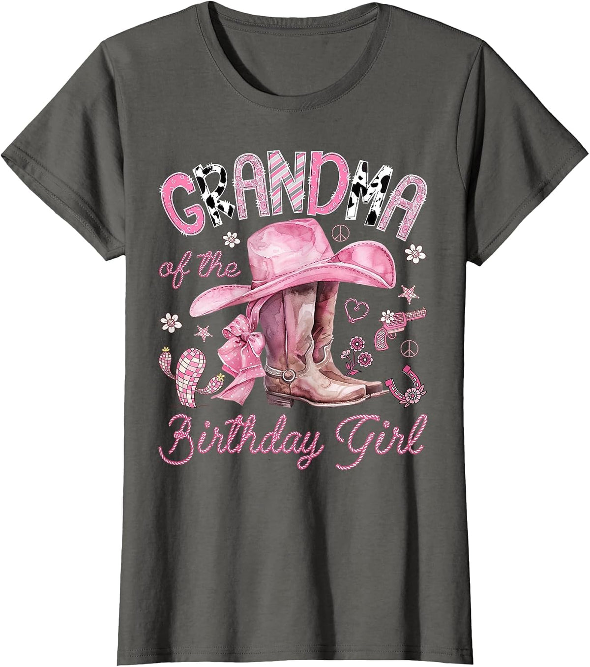 Grandma of the Birthday Girl Pink Cowgirl Western Rodeo T-Shirt - Asphalt Grey