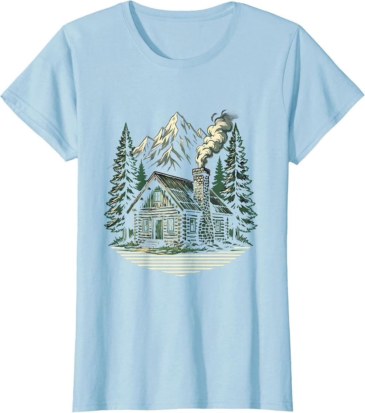 Mountain Cabin Smoke Chimney Wilderness Illustration T-Shirt - Baby Blue