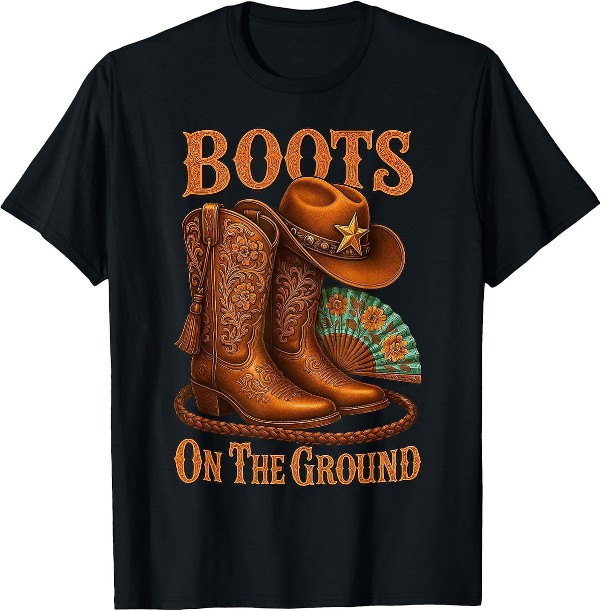 Cowgirl Rodeo Western Style Boots On The Ground Linedance T-Shirt - Black