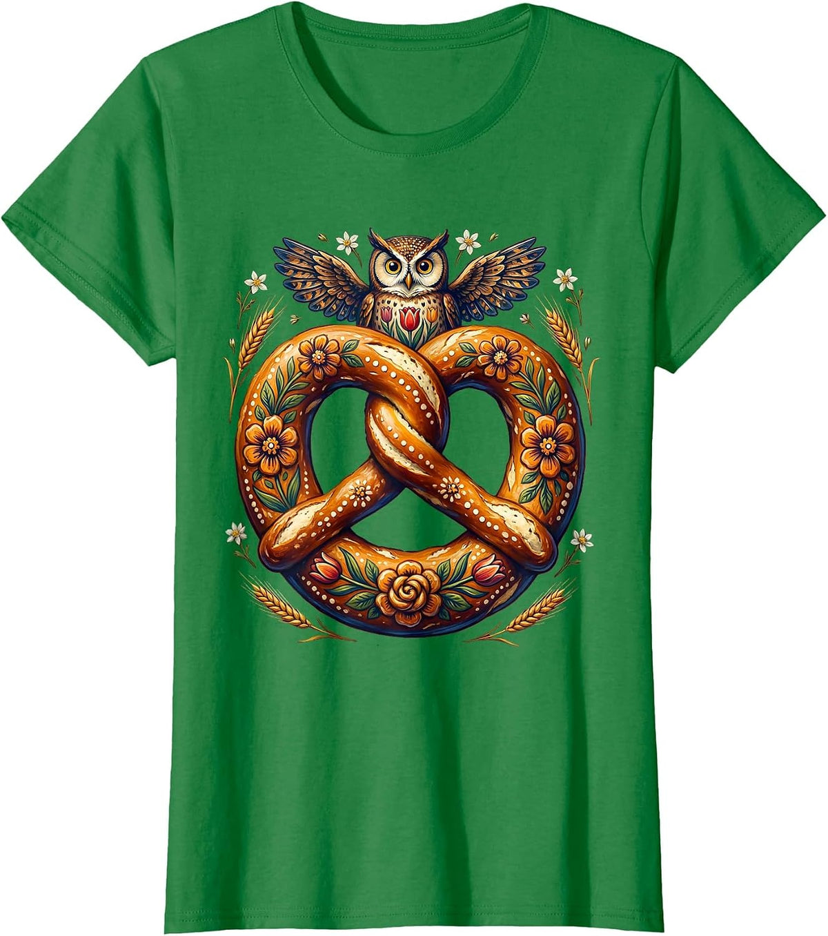 Women's Owl on Giant Pretzel Oktoberfest Graphic Tee T-Shirt - Kelly Green