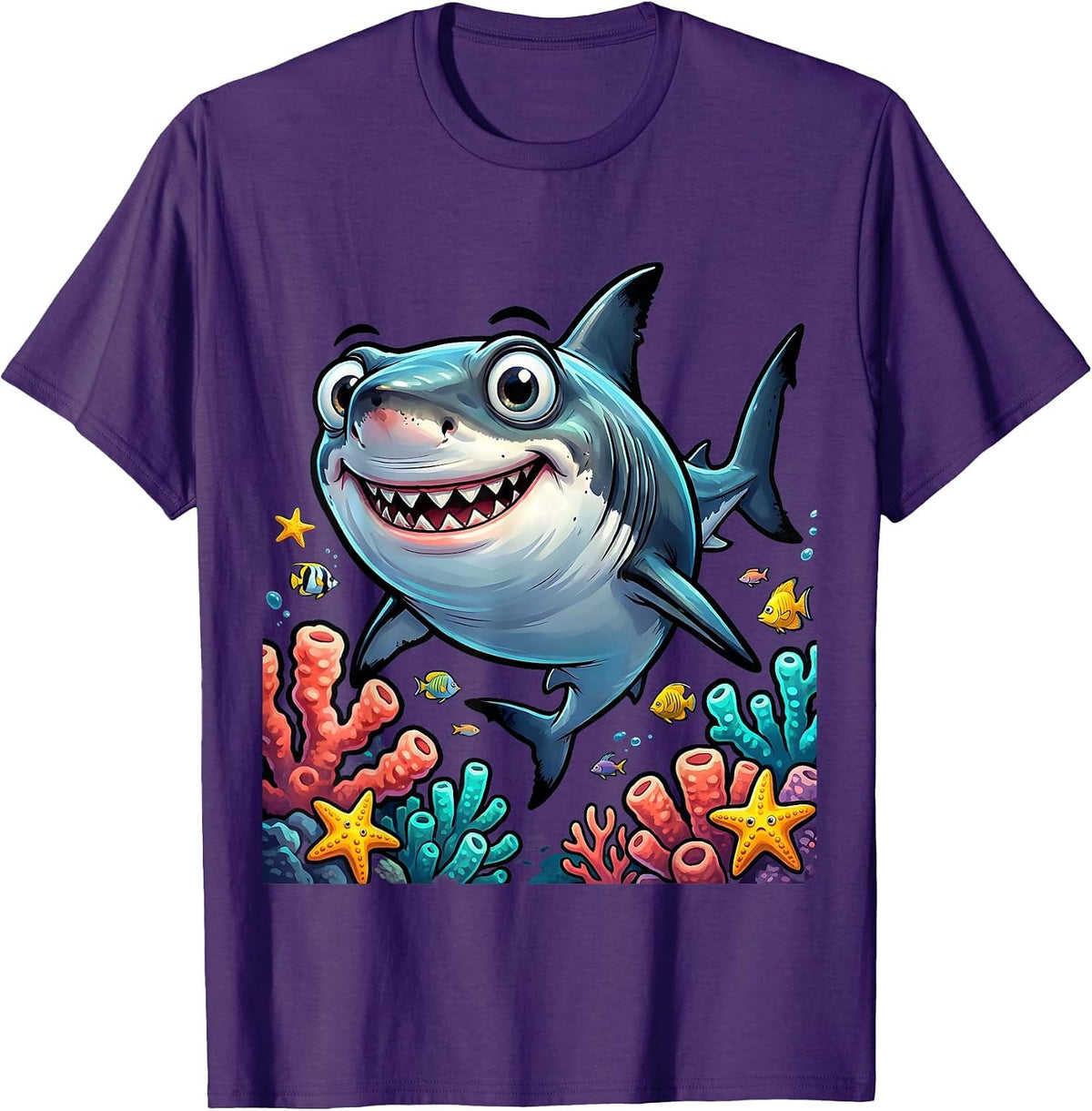 Mama Shark Coral Reef Ocean Illustration T-Shirt - Purple