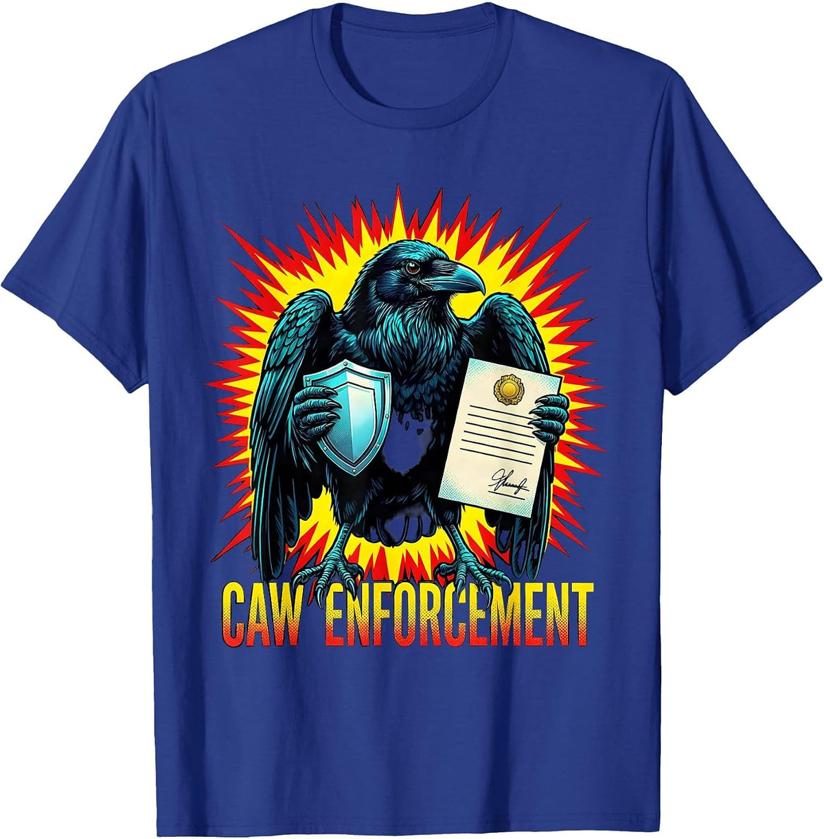 Men's Caw Enforcement Pop Art Dark Humor Gothic Crow Bird Lover T-Shirt - Royal Blue