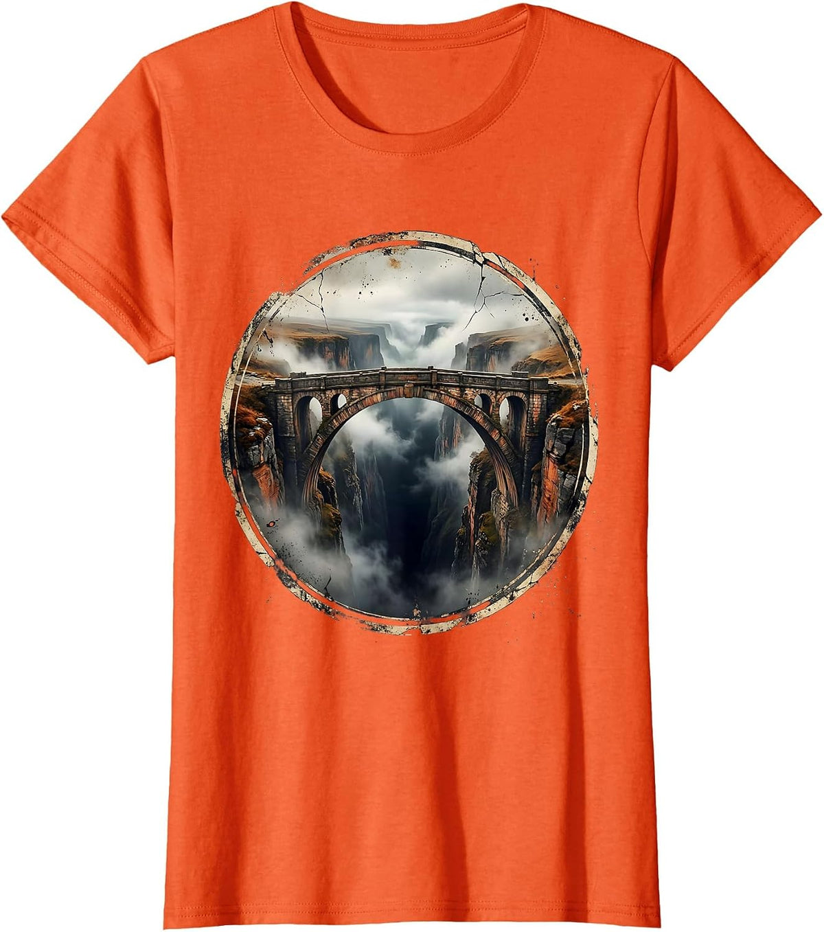 Faith Over Fear Bridge Emerging From Fog Design T-Shirt - Orange