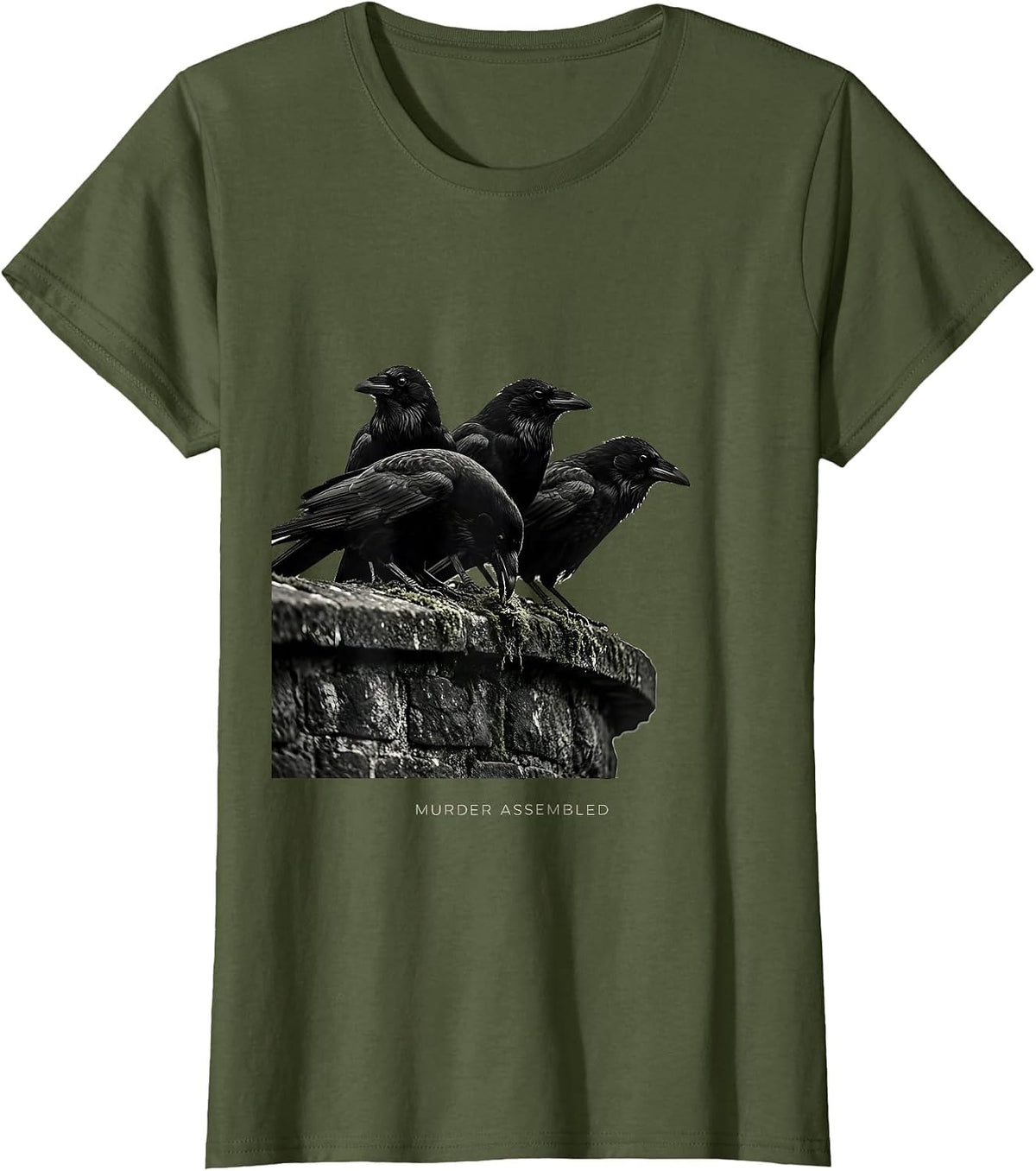Women's Murder Assembled Dark Humor Crow Raven Bird Lover Gothic T-Shirt - Olive Green