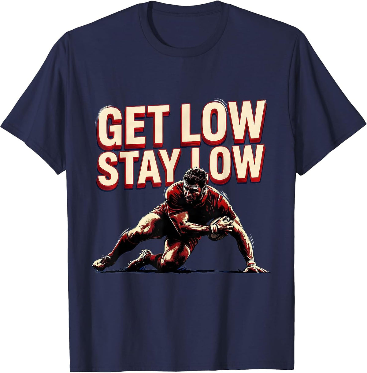 Men's Get Low Stay Low Rugby Scrum Design T-Shirt - Navy Blue