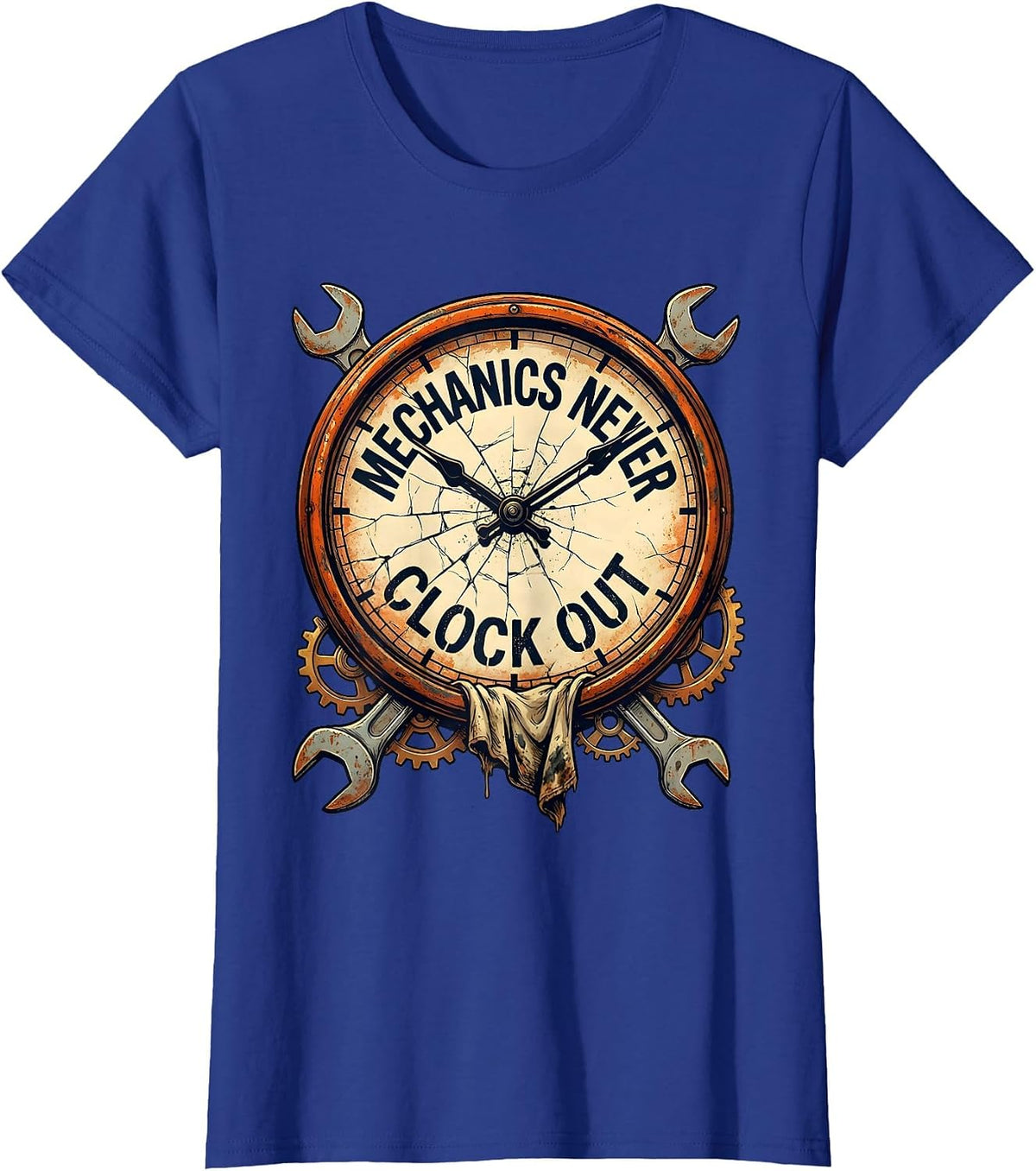 Women's Mechanics Never Clock Out Wrench Design T-Shirt - Royal Blue