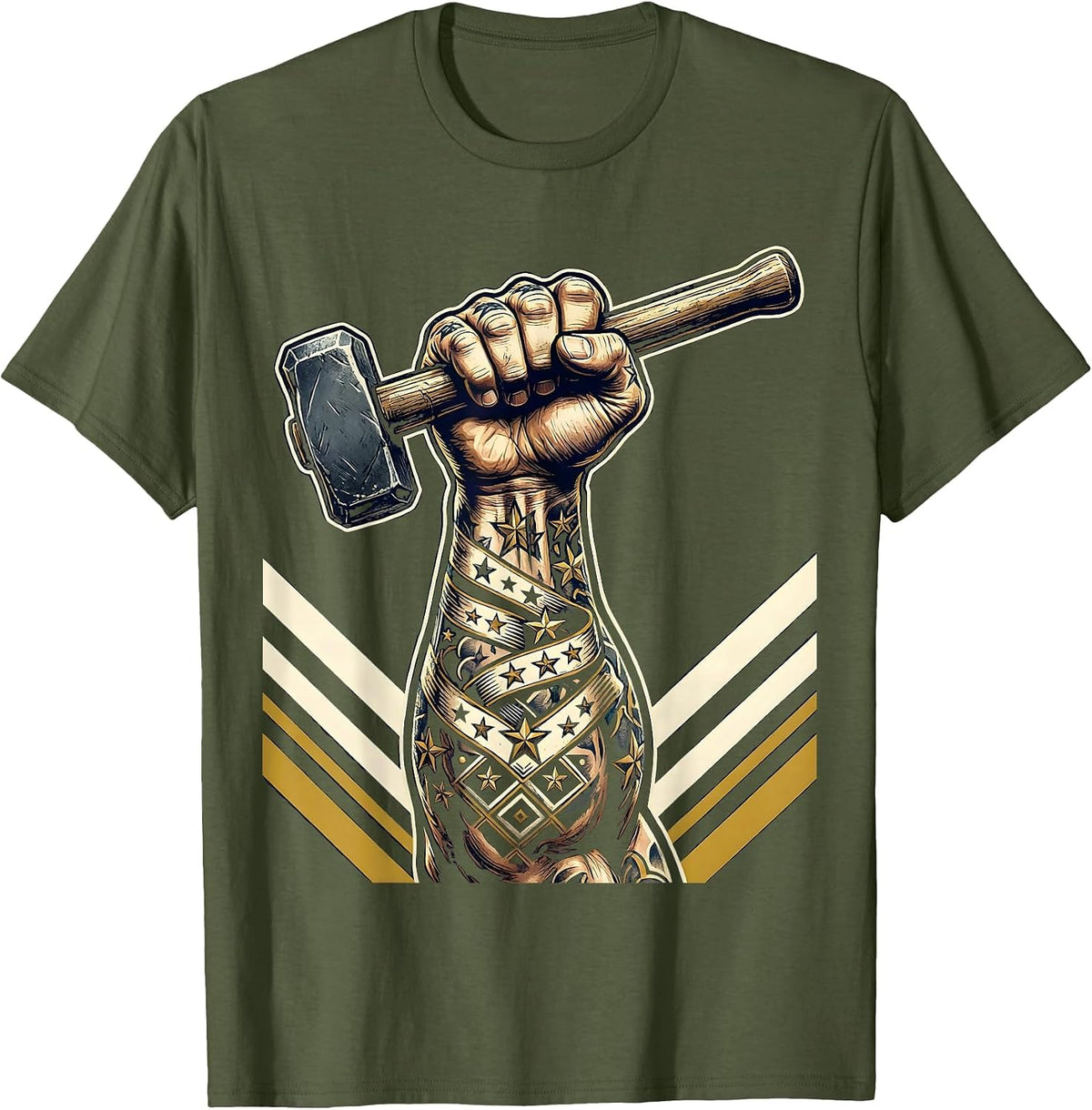Blue Collar Strength Muscular Arm Hammer Tattoo T-Shirt - Olive Green