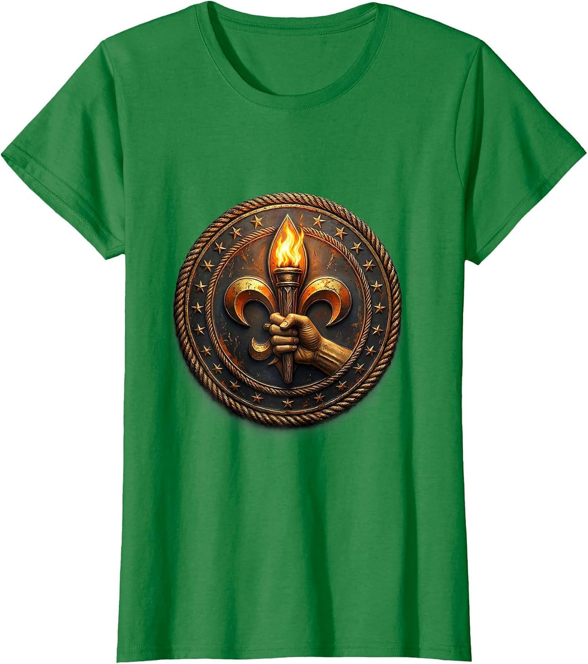 Women's Mardi Gras Fleur-de-Lis Flaming Torch Design T-Shirt - Kelly Green