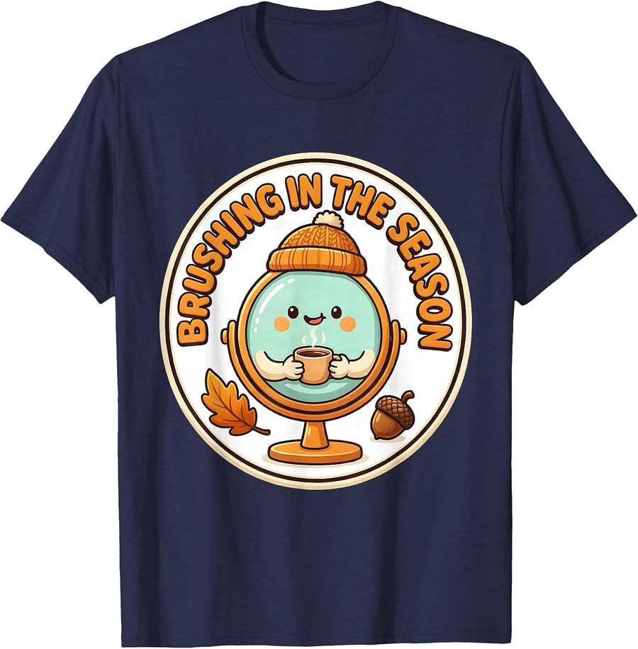 Brushing In The Season Cute Kawaii Dental Hygienist Humor T-Shirt - Navy Blue