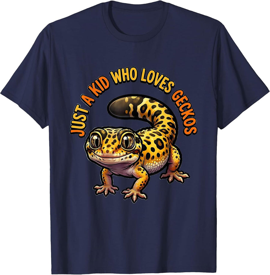 Just A Kid Who Loves Geckos Funny Reptile Leopard Gecko T-Shirt - Navy Blue