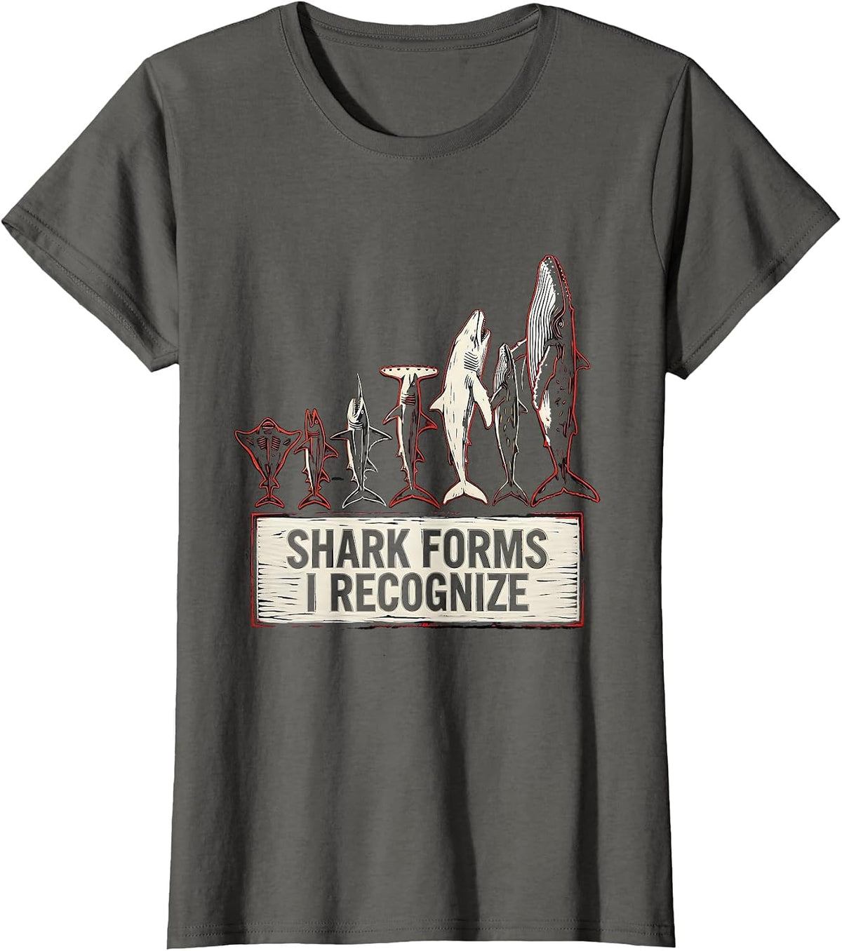 Women's Shark Forms I Recognize Linocut Marine Biology Ocean T-Shirt - Asphalt Grey
