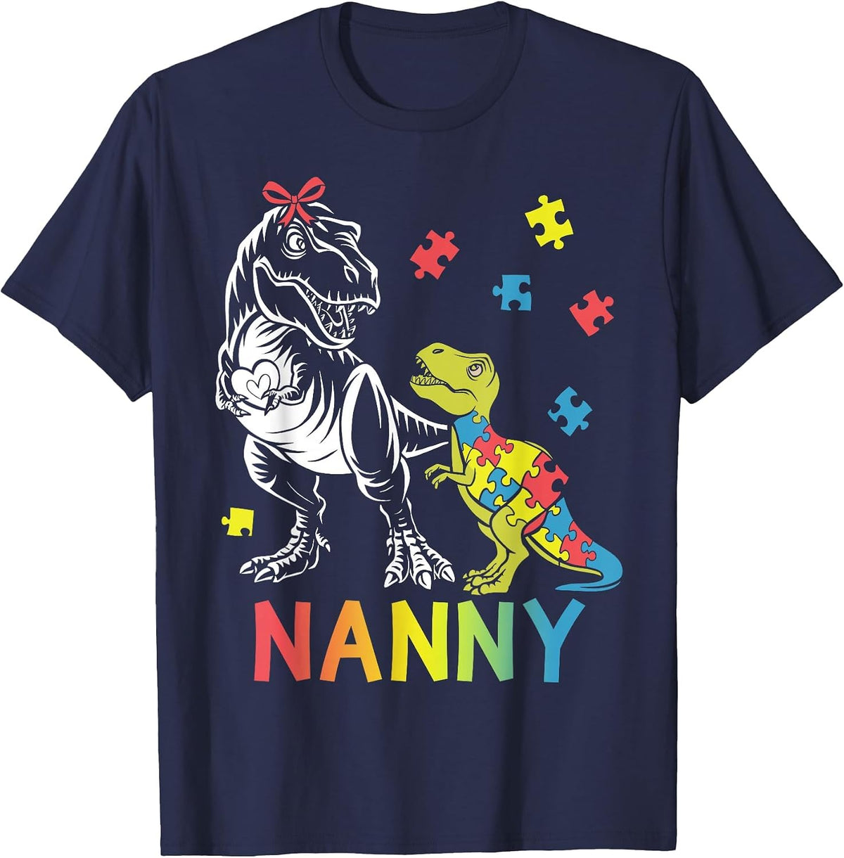 Nanny Saurus T Rex Autism Awareness Autistic Dinosaur Family T-Shirt - Navy Blue