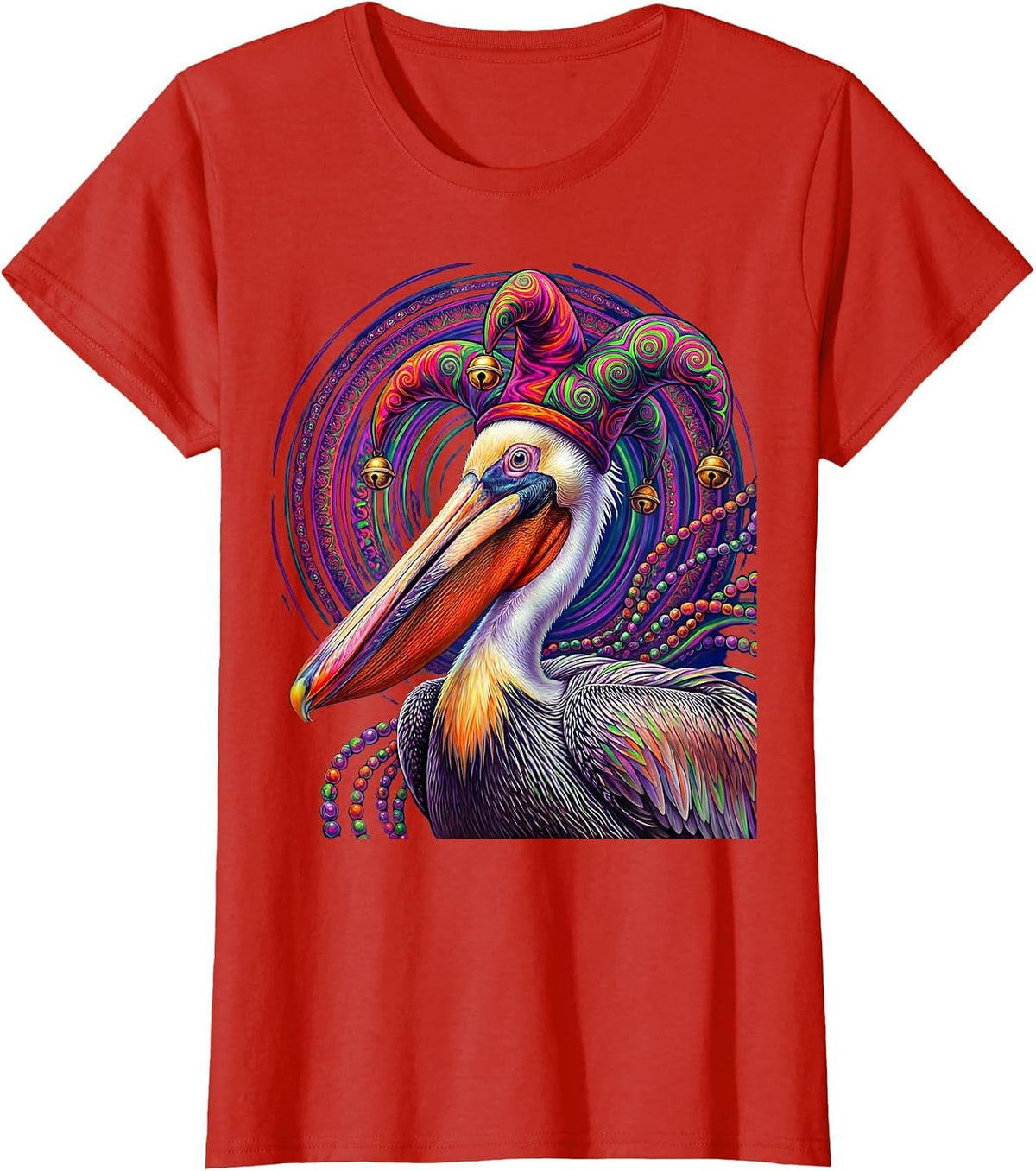Mardi Gras Pelican Jester Hat and Beads Design T-Shirt - Red