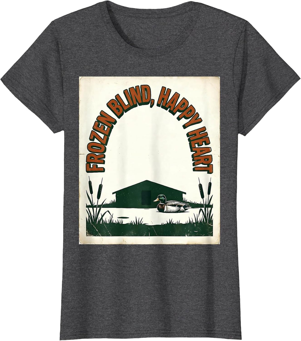 Women's Frozen Blind Happy Heart Vintage Duck Hunting Humor Gift T-Shirt - Dark Heather Grey