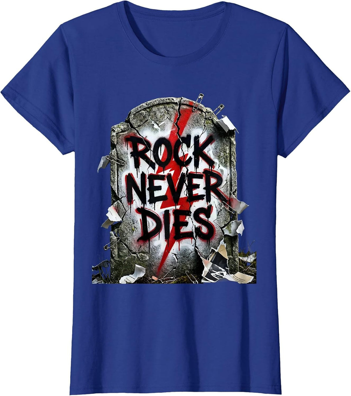 Women's Rock Never Dies Bold Graphic Music Design T-Shirt - Royal Blue