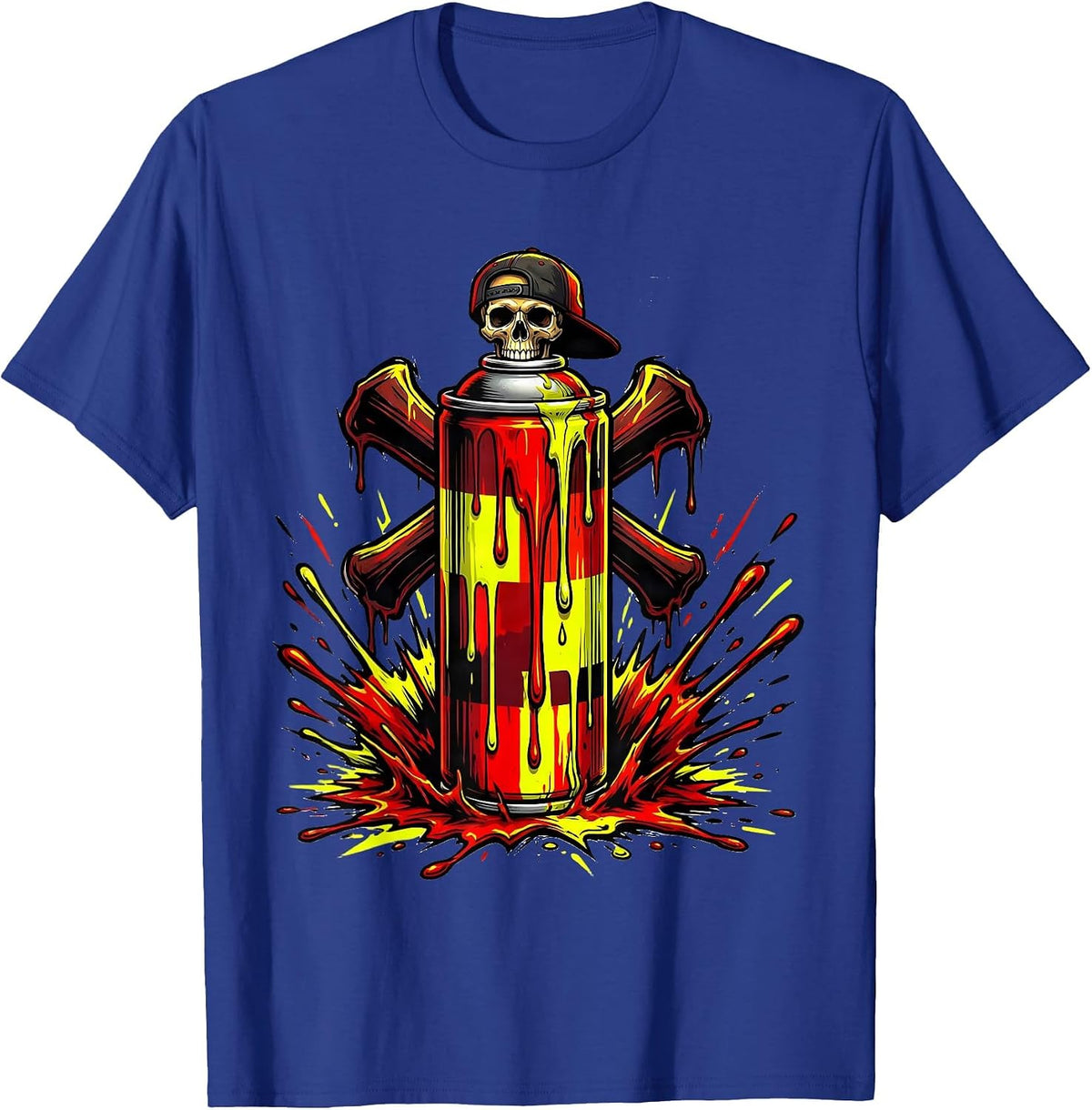 Punk Rock Dripping Spray Paint Can Skull Cap T-Shirt - Royal Blue