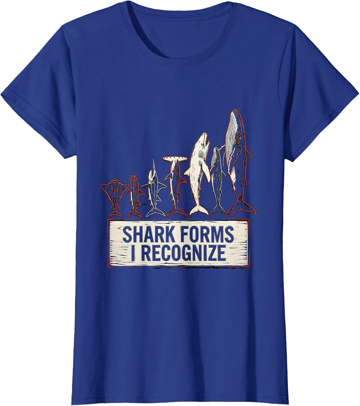 Women's Shark Forms I Recognize Linocut Marine Biology Ocean T-Shirt - Royal Blue