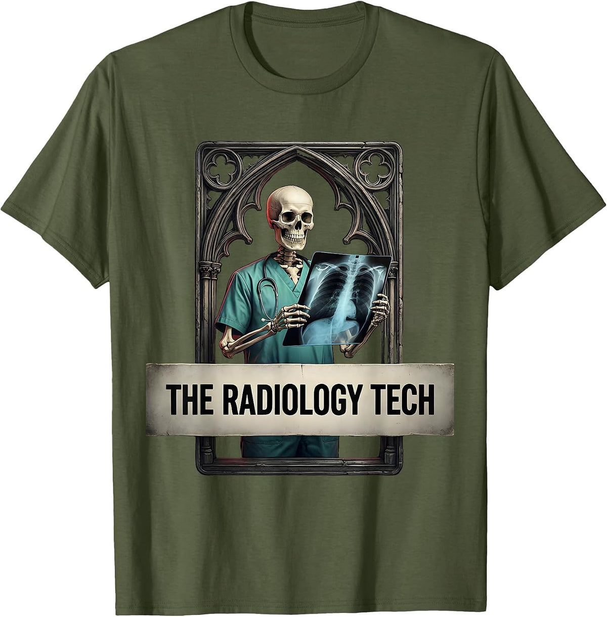 The Radiology Tech Vintage Tarot Halloween Skeleton Role T-Shirt - Olive Green