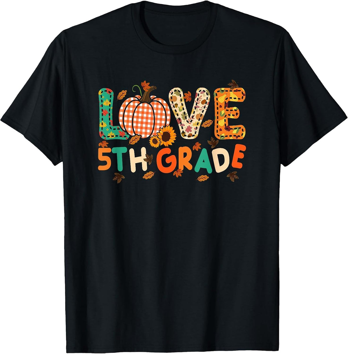 Love 5th Grade Thanksgiving Colorful Fall Leaves Teacher T-Shirt - Black
