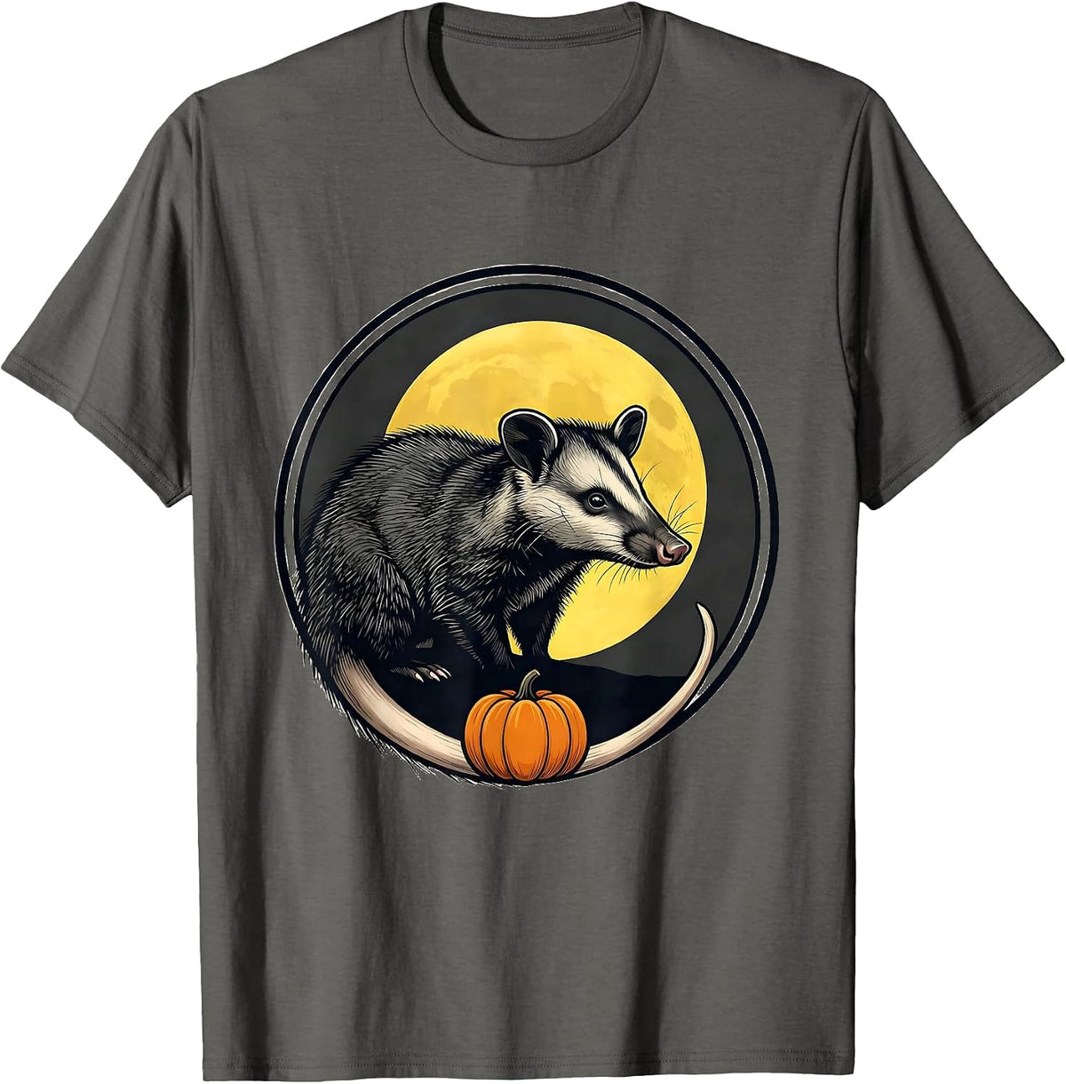 Opossum Moon Badge Spooky Halloween Novelty T-Shirt - Asphalt Grey