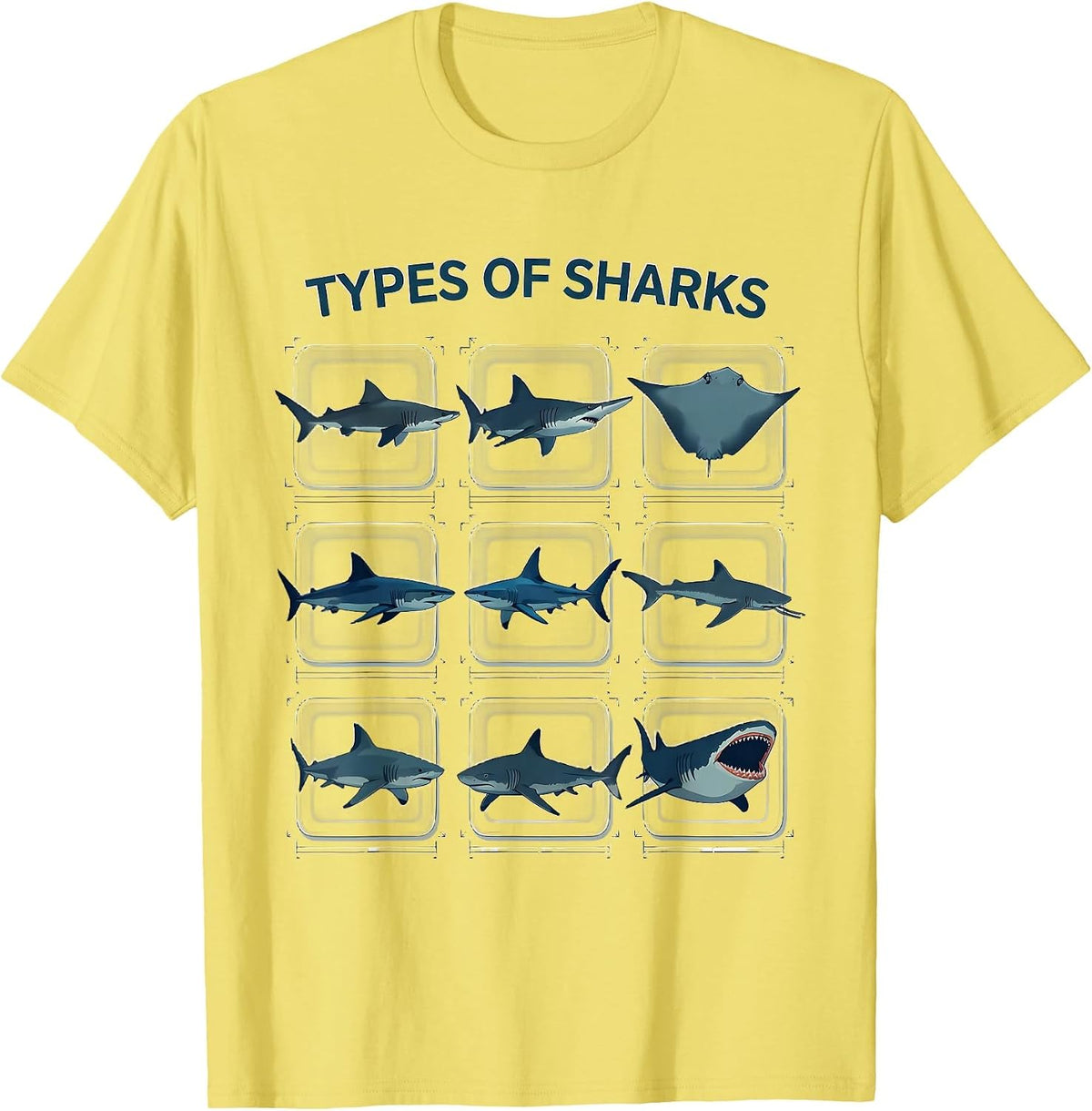 Men's Types Of Sharks Flat Vector Marine Biology Ocean Wildlife T-Shirt - Lemon Yellow