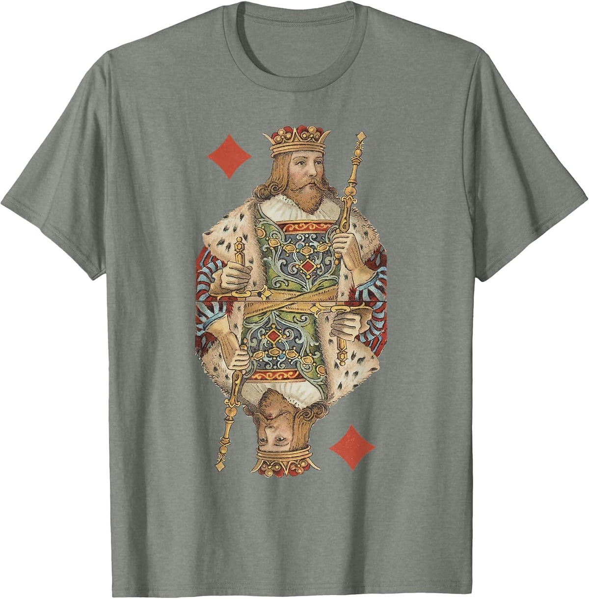 King of Diamonds Antique Art Nouveau Playing Card Art T-Shirt, Men, Olive Heather, 3X-Large - As Pictured