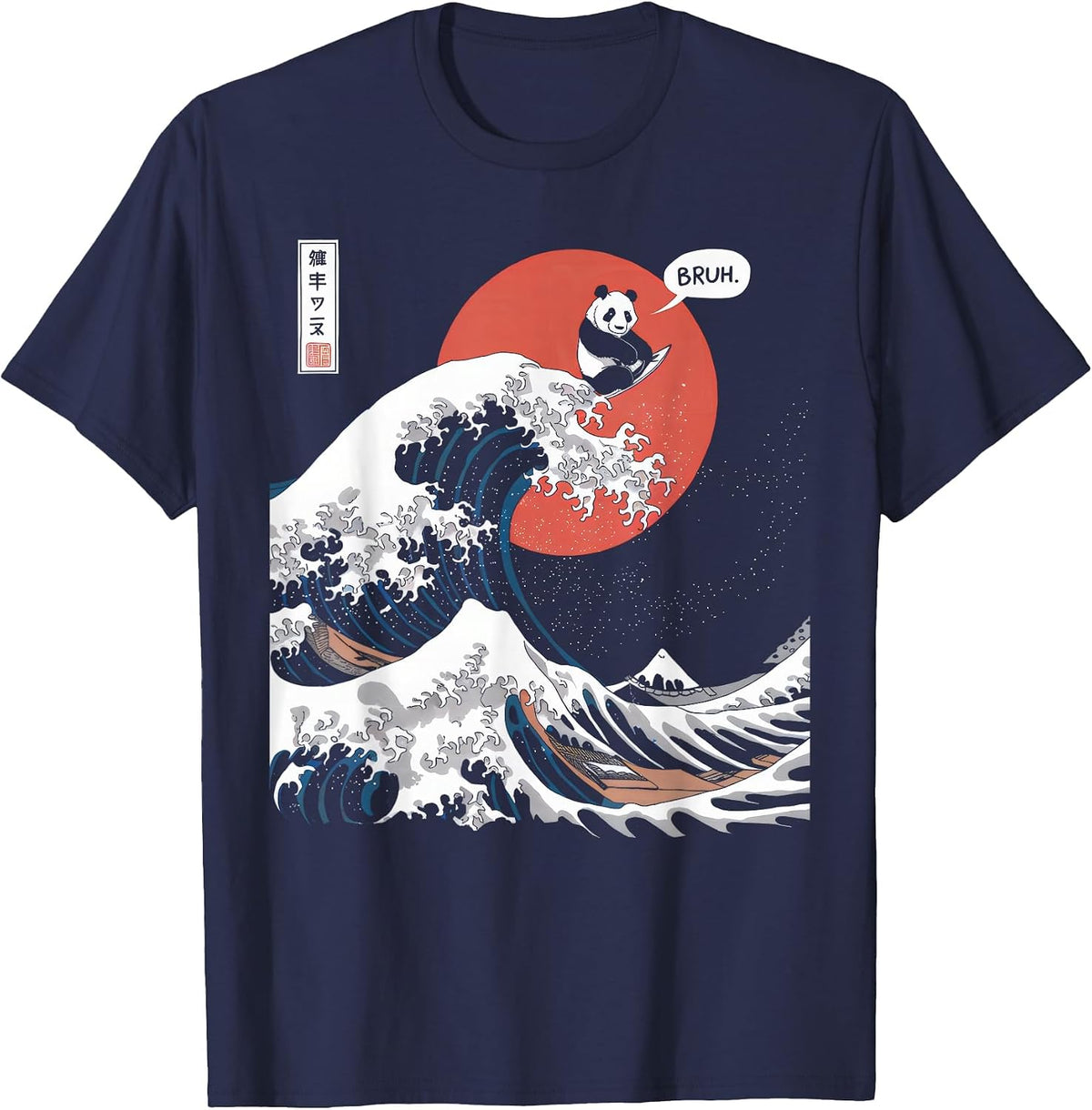Bruh The Great Wave Kanagawa Funny Japanese Surfing Panda T-Shirt - Navy Blue