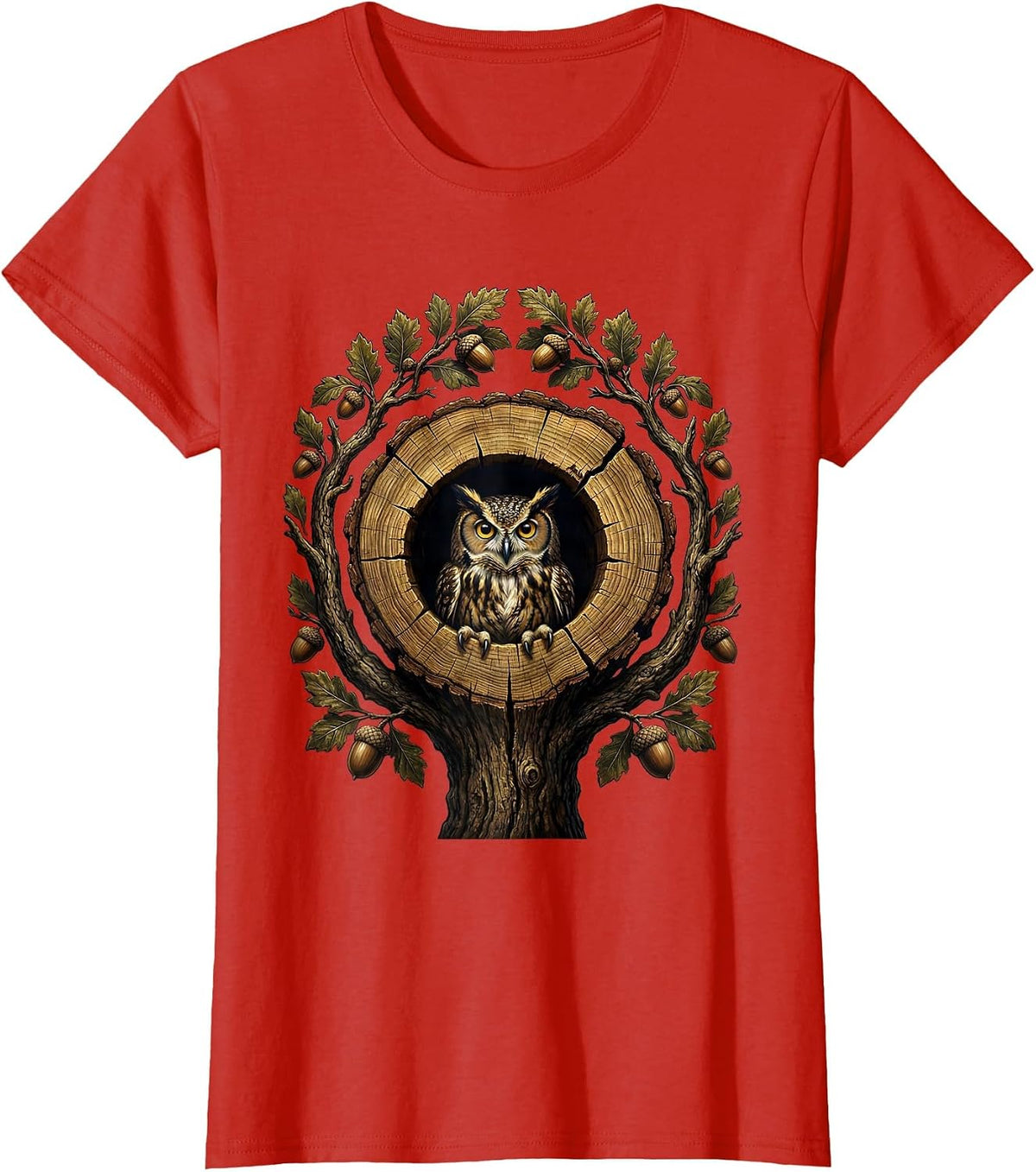 Women's Owl in Tree Hollow Nature Wildlife Illustration T-Shirt - Red