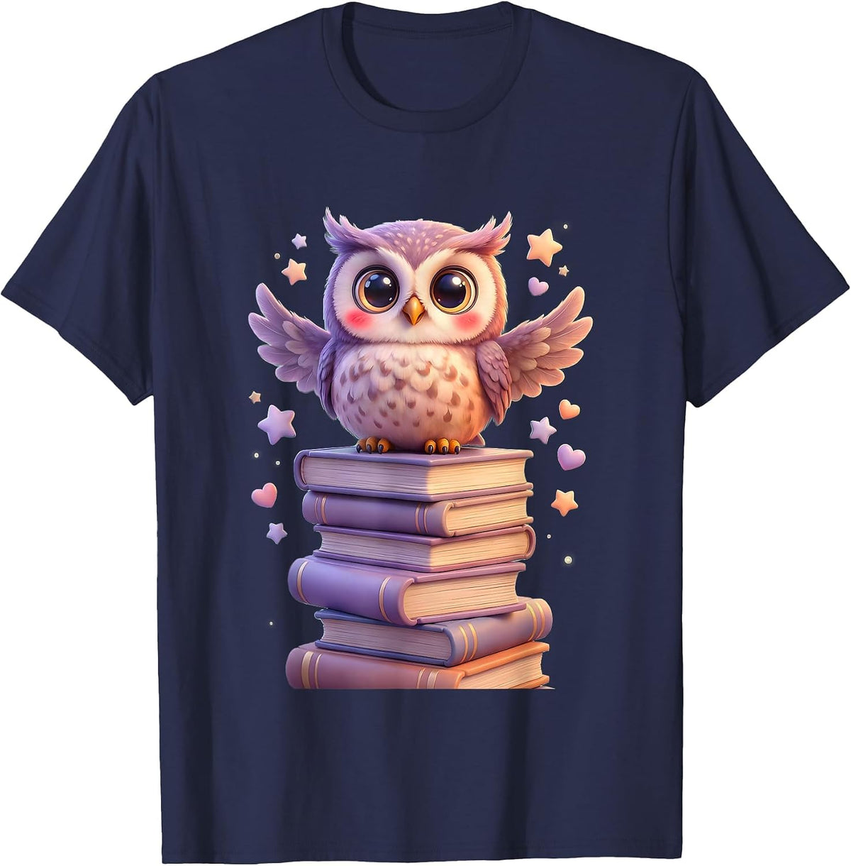 Men's Wise Owl Perched on Stack of Books Illustration T-Shirt - Navy Blue