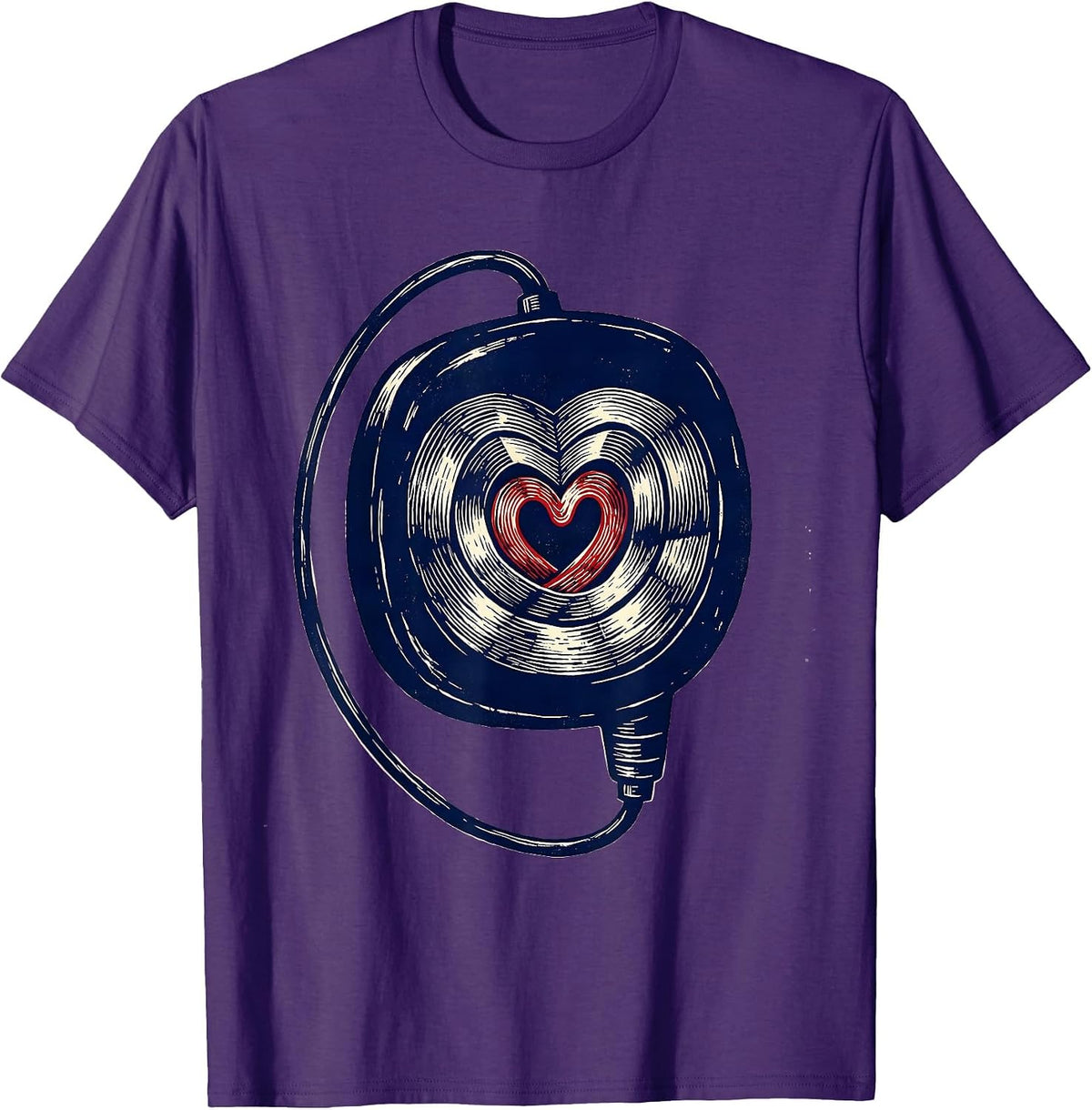 Oversized Fetal Monitor Transducer Heart Linocut Nurse T-Shirt - Purple