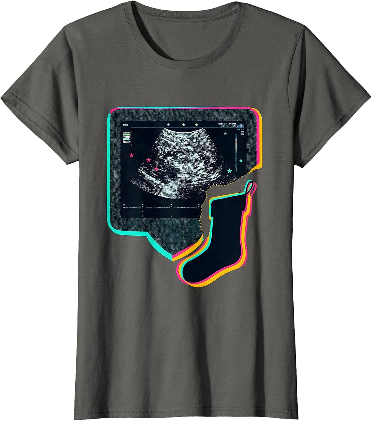 Women's Dark Ultrasound Console Christmas Stocking Sonographer Humor T-Shirt - Asphalt Grey