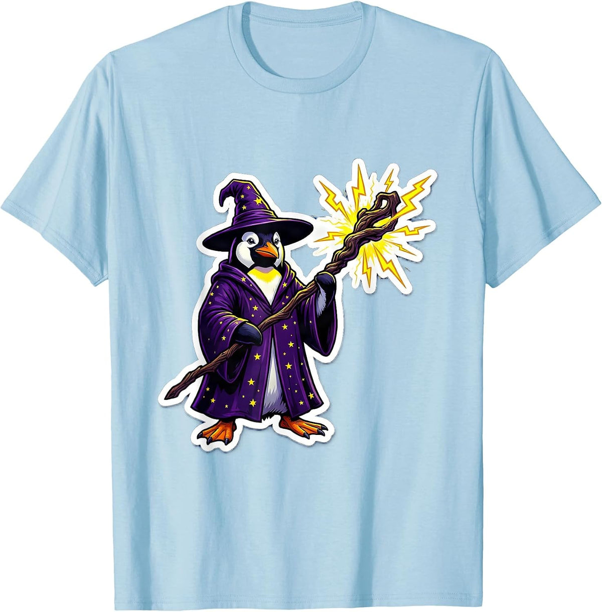 Men's Penguin Wizard Lightning Staff Fantasy Art T-Shirt - Baby Blue