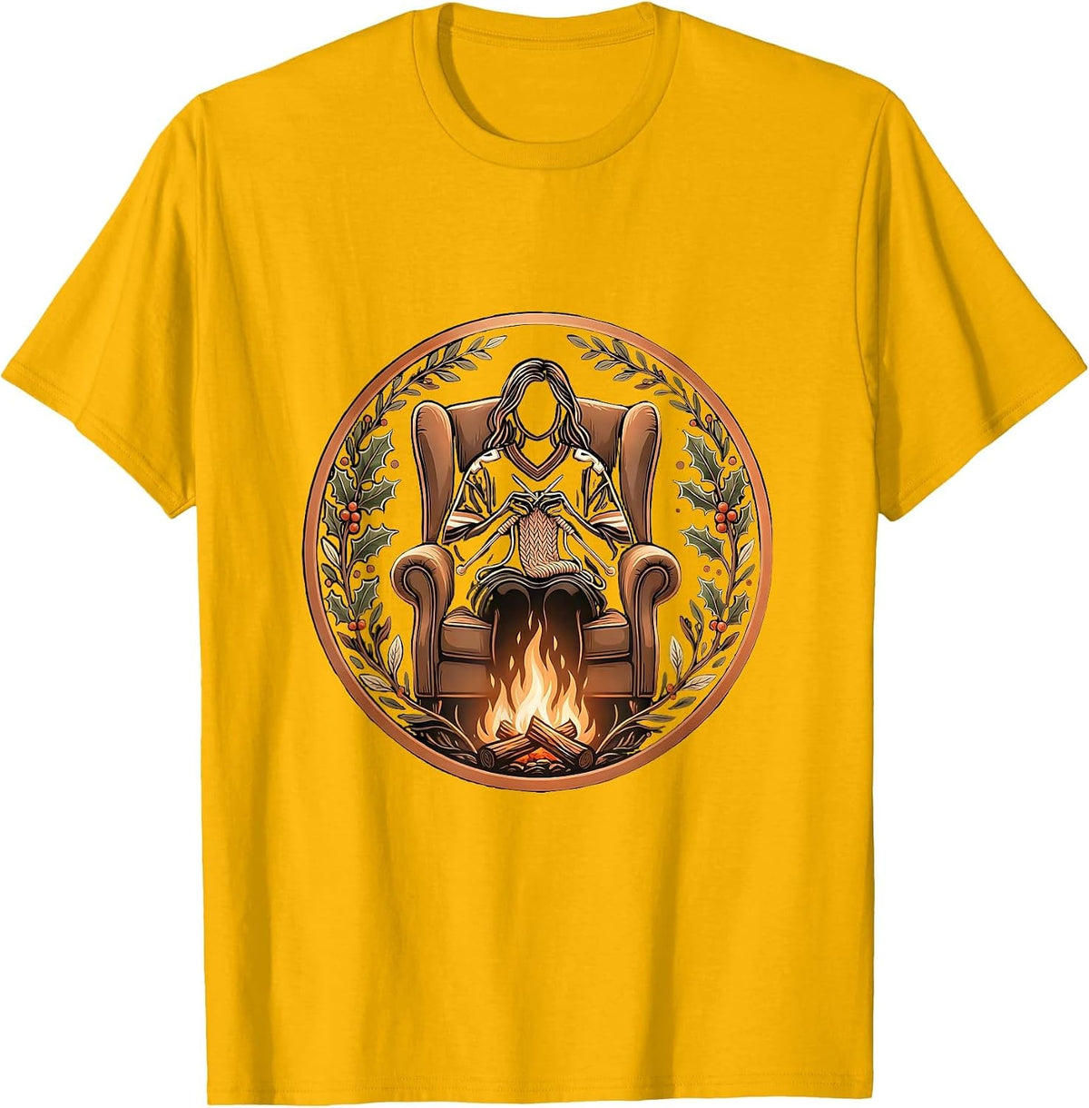 Tis The Season Football Knitting Fireplace T-Shirt - Golden Yellow