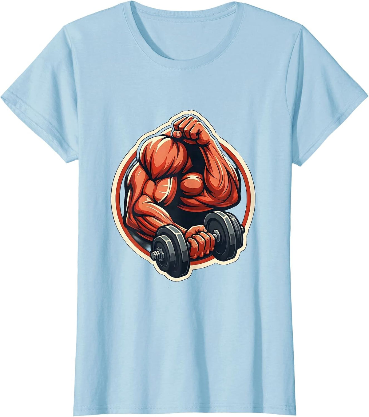 Muscular Arm Curl Dumbbell Workout Graphic T-Shirt - Baby Blue