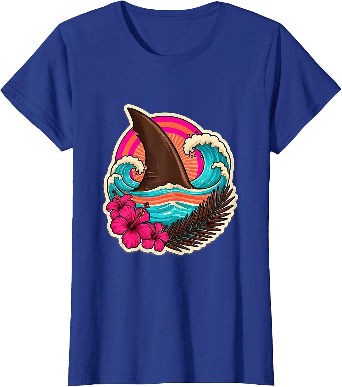 Women's Kids Shark Fin Ocean Waves Hawaiian Design T-Shirt - Royal Blue