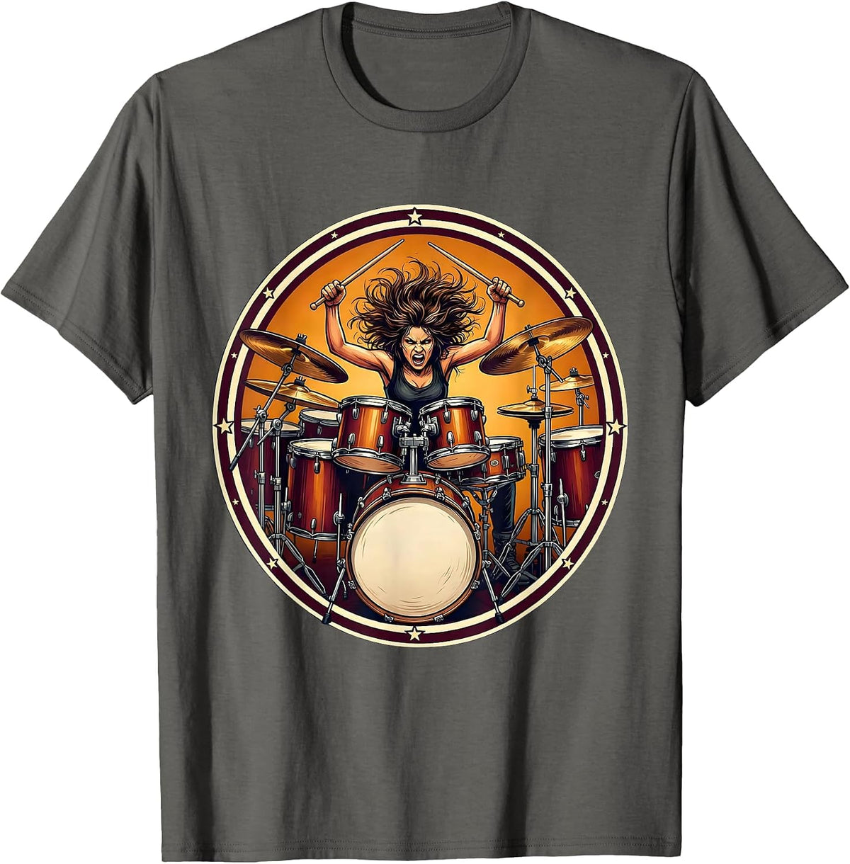 Drummer Girl Behind Massive Drum Kit Illustration T-Shirt - Asphalt Grey
