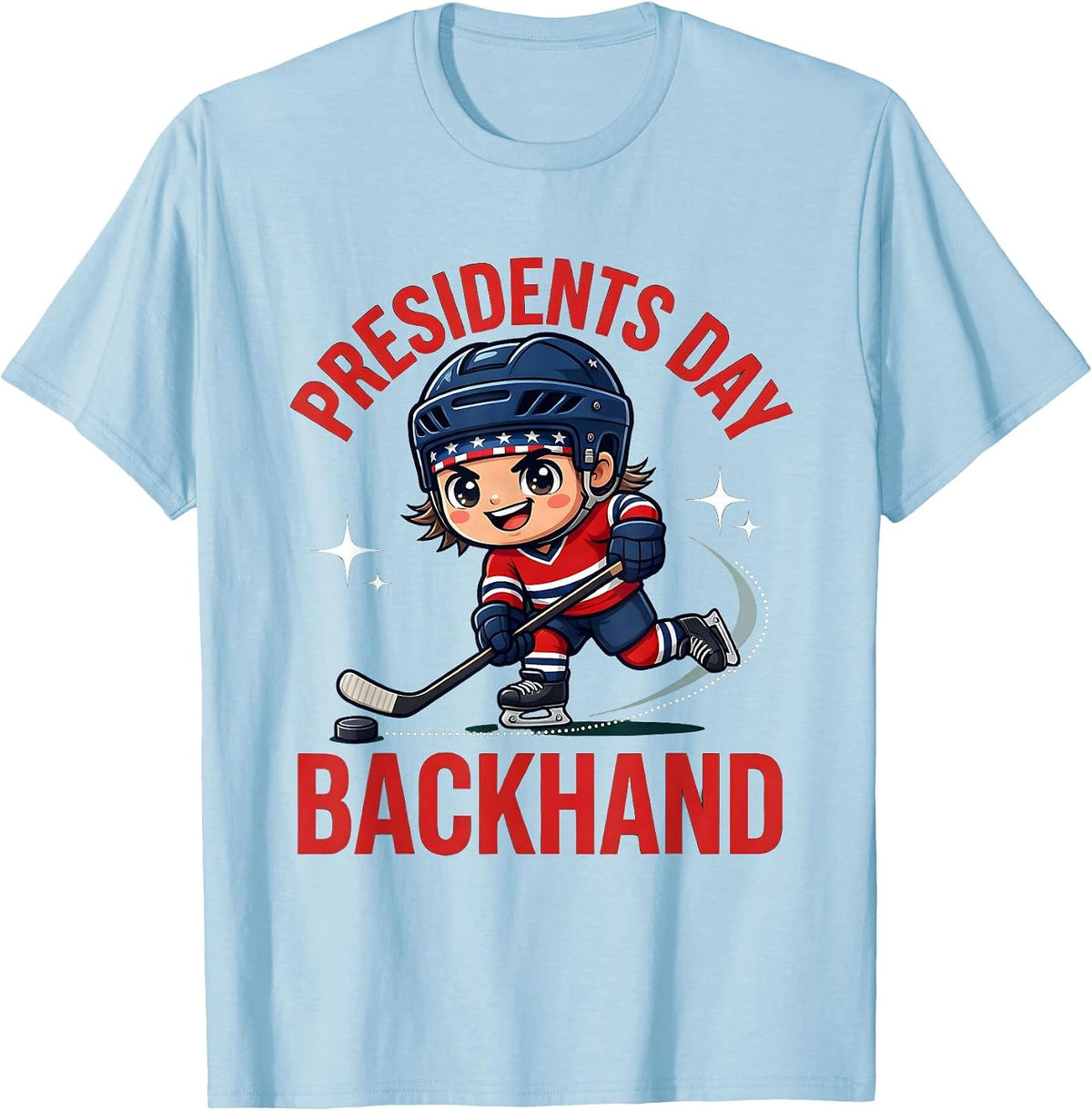 Men's PRESIDENTS DAY BACKHAND Cartoon Hockey Player Patriotic T-Shirt - Baby Blue