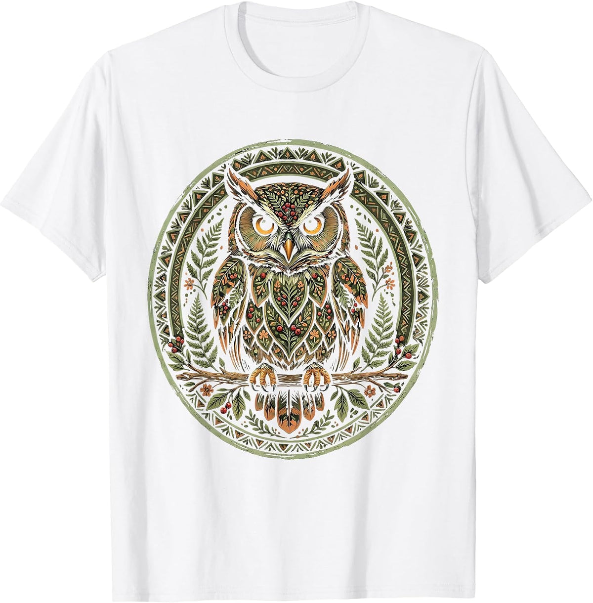 Camo Owl Perched on Branch Nature Design T-Shirt - White