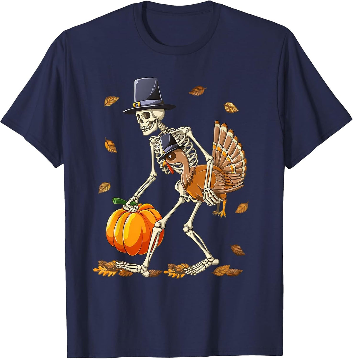Funny Skeleton Turkey Pumpkin Thanksgiving Day Boys Men T-Shirt - Navy Blue