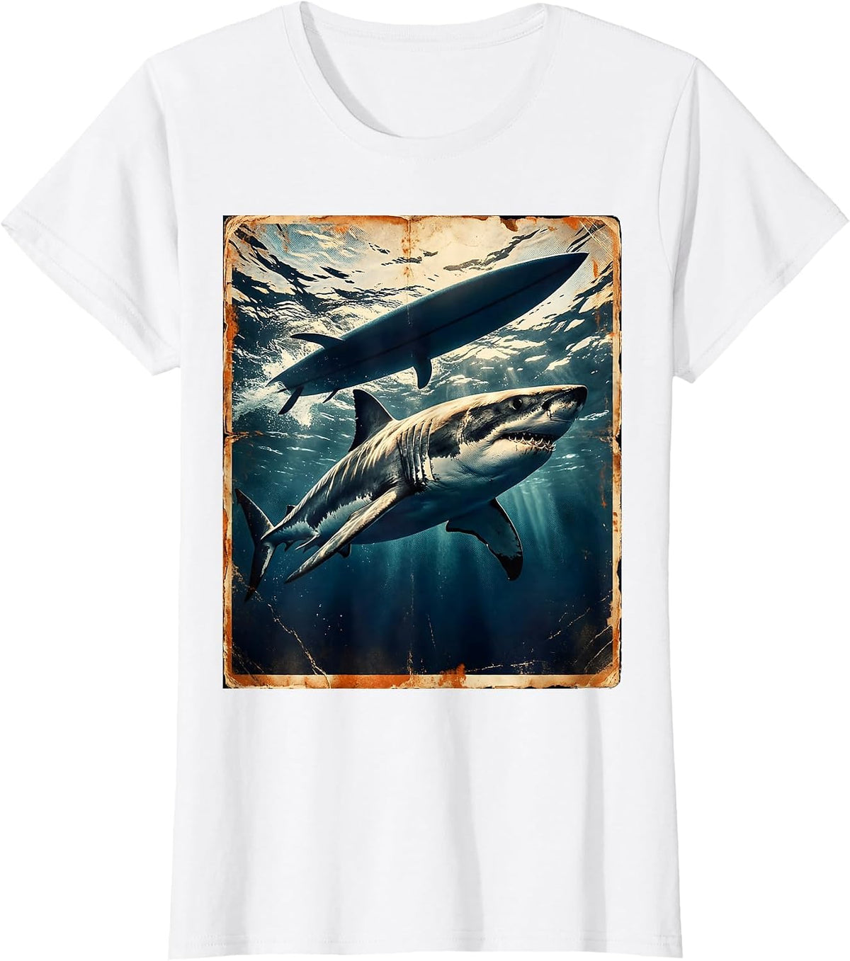 Women's Boys Hawaiian Shark Under Surfboard Graphic Tee T-Shirt - White
