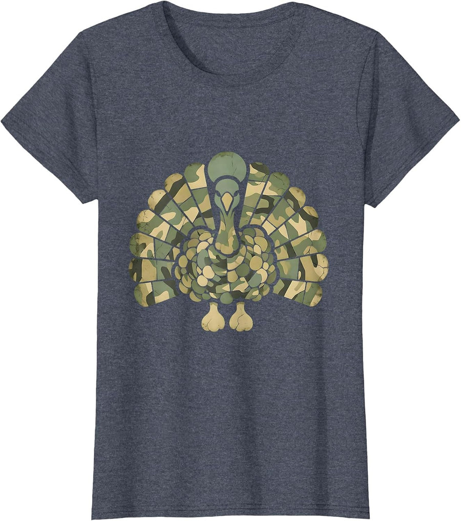 Camo Turkey Feather Fan Hunting Design T-Shirt, Women, Heather Blue, Medium - As Pictured