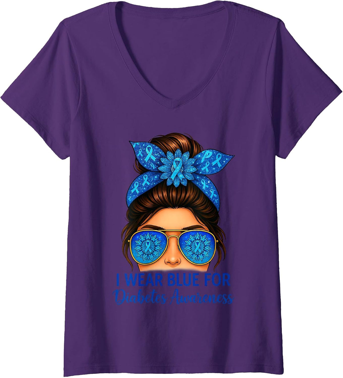 Women's I Wear Blues for Diabetes Awareness Blue Ribbon Messy Bun V-Neck T-Shirt - Purple