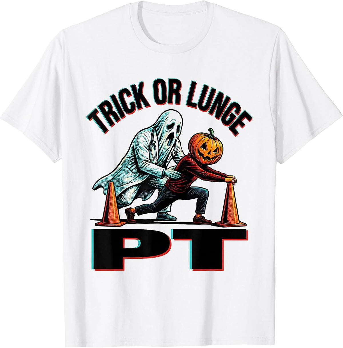 Men's Trick Or Lunge PT Pop Art Physical Therapy Halloween Humor T-Shirt - White