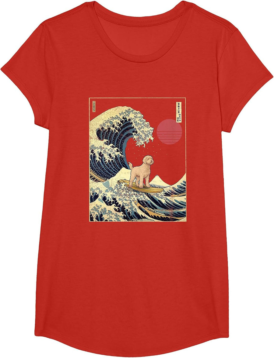 Labradoodle Japanese Kanagawa Wave Funny Surf Dog T-Shirt - Girls Red