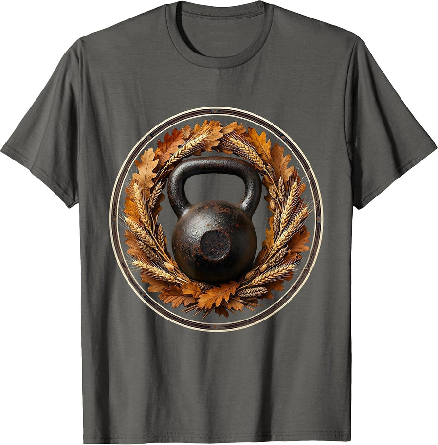 Kettlebell Autumn Wreath Athleisure Fall Design T-Shirt - Asphalt Grey