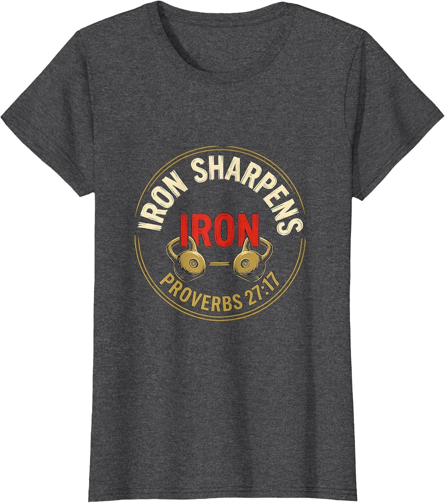 Women's Iron Sharpens Iron Christian Men Gym Scripture Workout T-Shirt - Dark Heather Grey