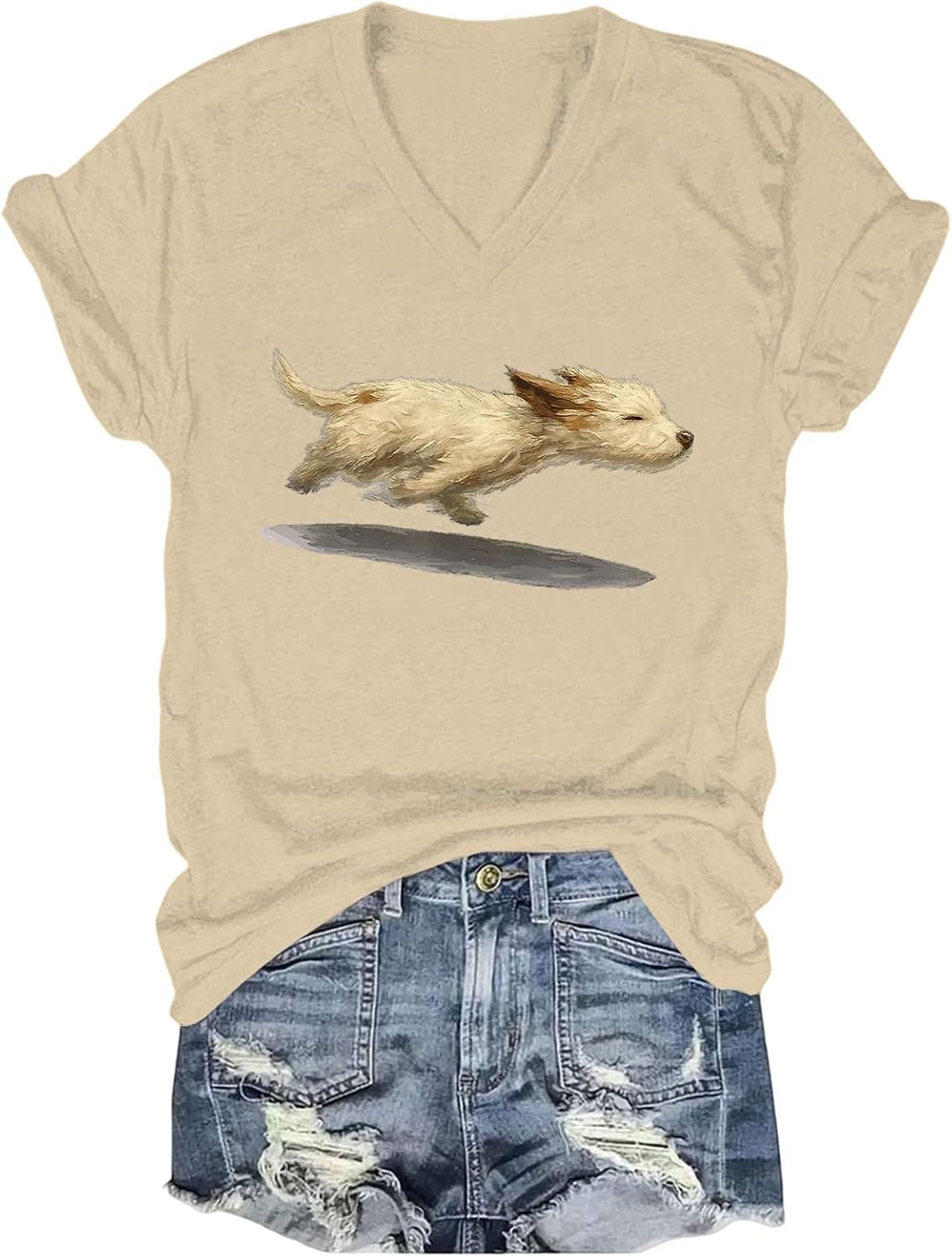 Cute Running Dog T-Shirt, West Highland White Terrier Tee Happy Running Puppy Shirt for Women Men - V-Neck Khaki-v